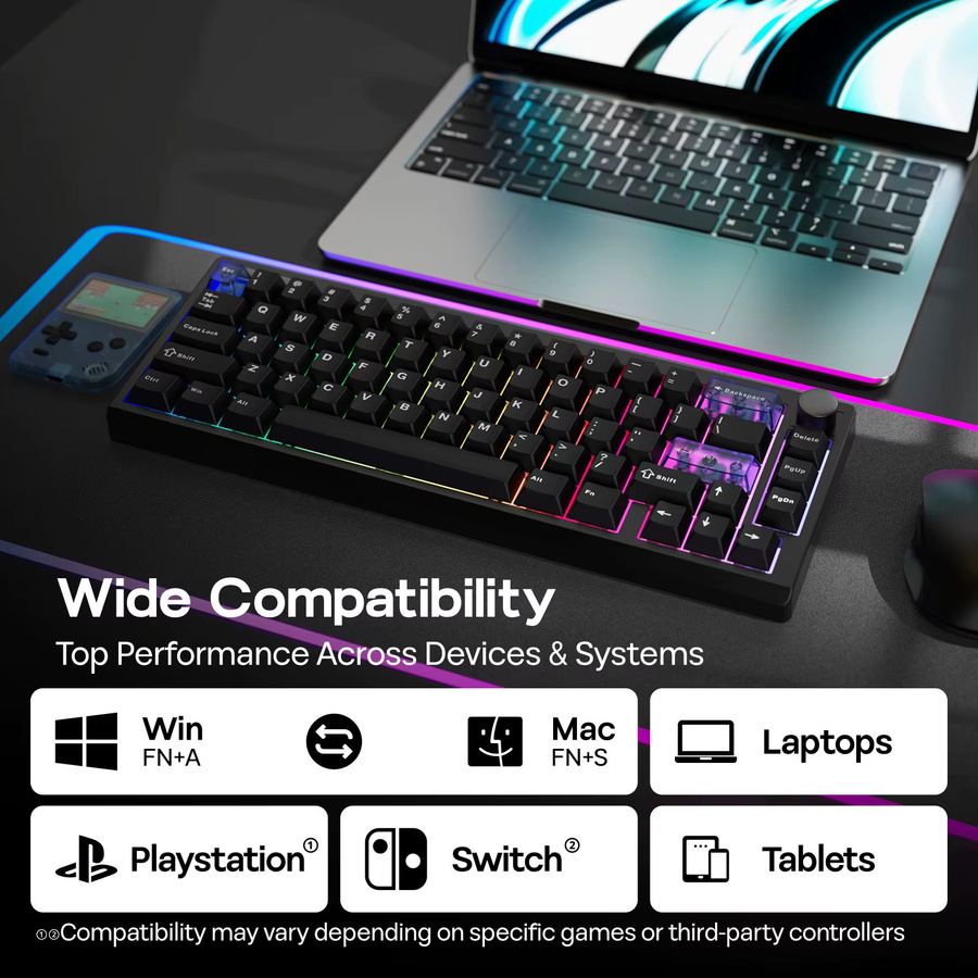 EPOMAKER Magcore65 Lite Mechanische Tastatur, 65 % US-QWERTY-Layout, Schwarz, Kabellos via Bluetooth oder 2,4 GHz sowie Kabelverbindung, RGB-Hintergrundbeleuchtung, 8K Polling Rate - Bild 3