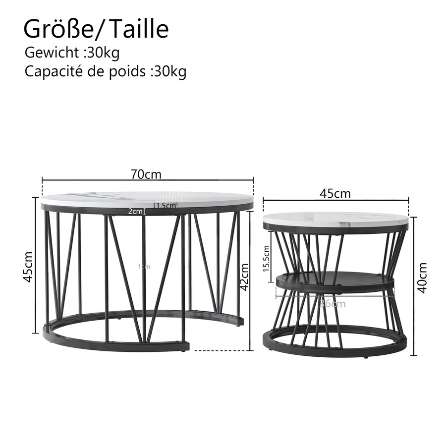 Anajqaqia 2er-Set Runde Couchtische mit Marmorierung und Metallgestell in Schwarz und Weiß - Bild 2