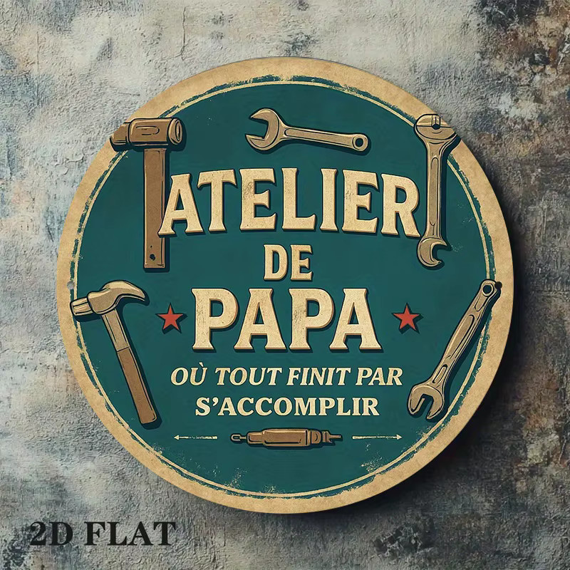 Rundes Aluminiumschild Atelier de Papa in Vintage-Optik, Durchmesser: 20,32 cm, Mehrfarbig - Bild 2