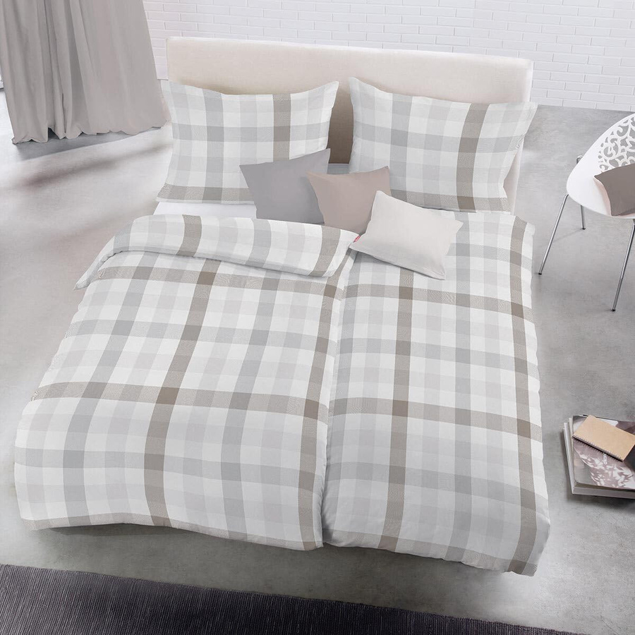 Fleuresse Lech Edelflanell Bettwäsche Karo beige silber weiß B/T/H: 240 x 220 cm mit 2 Kissen 80 x 80 cm - Bild 1