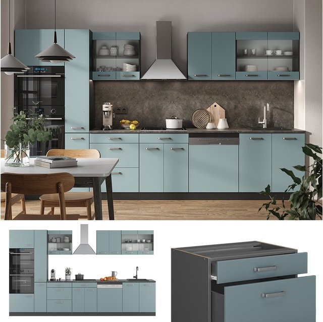 Vicco Küchenzeile R-Line Solid in Anthrazit, Blau und Grau mit 350 cm Breite - Bild 1