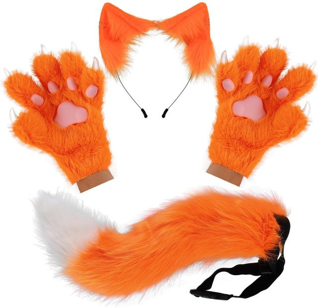 YIRAN Katzenohren, Katze Langer Schwanz, Katzenpfoten Handschuhe Set, Zubehör, Rot - Bild 1