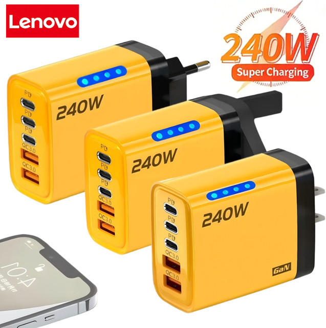Lenovo 240W USB C GaN Super Schnellladegerät mit LED-Licht und Multi Port für iPhone Samsung Huawei Xiaomi in Gelb - Bild 1