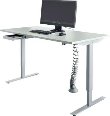 Start Off Elektrisch höhenverstellbarer Schreibtisch mit T-Fuß und Schublade, Farbe: Grau/Weiß, Breite: 160 cm
