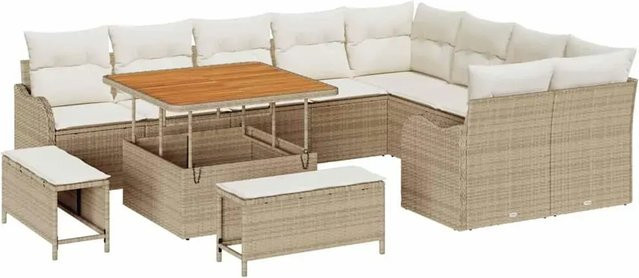 vidaXL Garten-Sofa-Set 12-teilig in Beige-creme aus Poly-Rattan und Akazienholz mit UV-beständigen Polstern in U-Form - Bild 1