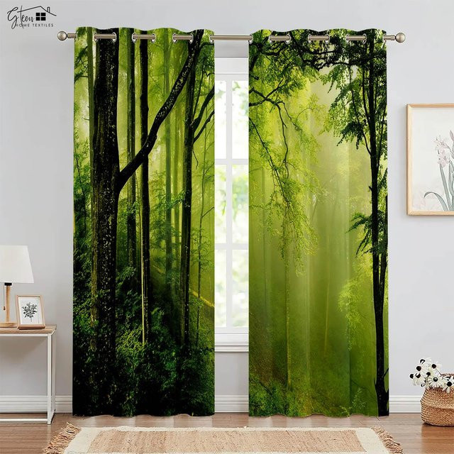 Yiran Furniture Vorhänge mit Natur Wald Landschaft Motiv in Grün, 2er-Set, semi-transparent, Breite: 91,5 cm, Höhe: 160 cm - Bild 1