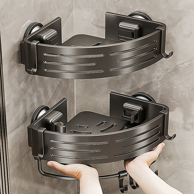 YUNJIEYA Eckregal für das Badezimmer aus Aluminium, dreieckiges Saugnapf-Regal in Grau Matt, Wandmontage ohne Bohren - Bild 1