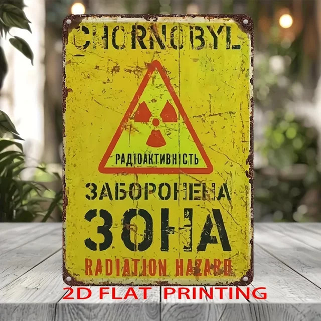 Retro Metallschild Radiation Hazard mit englischem und russischem Text in Gelb von MINISO - Bild 1