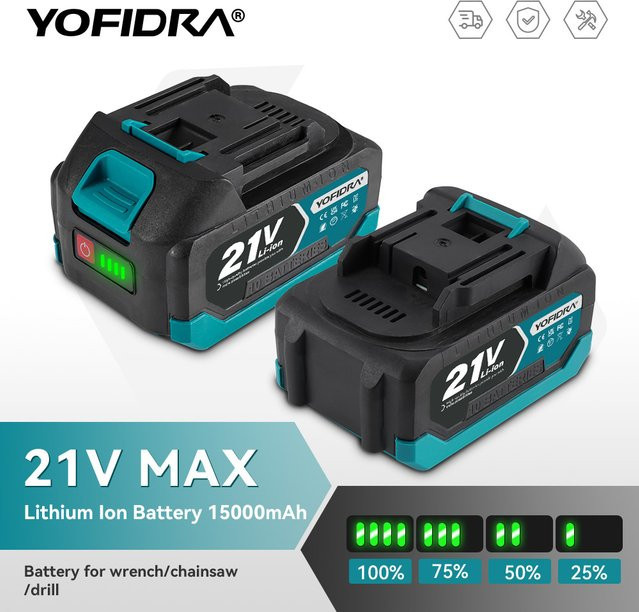 YOFIDRA Wiederaufladbarer Lithium-Ionen-Akku in Schwarz für Elektrowerkzeuge wie Elektroschrauber und Kettensägen - Bild 1