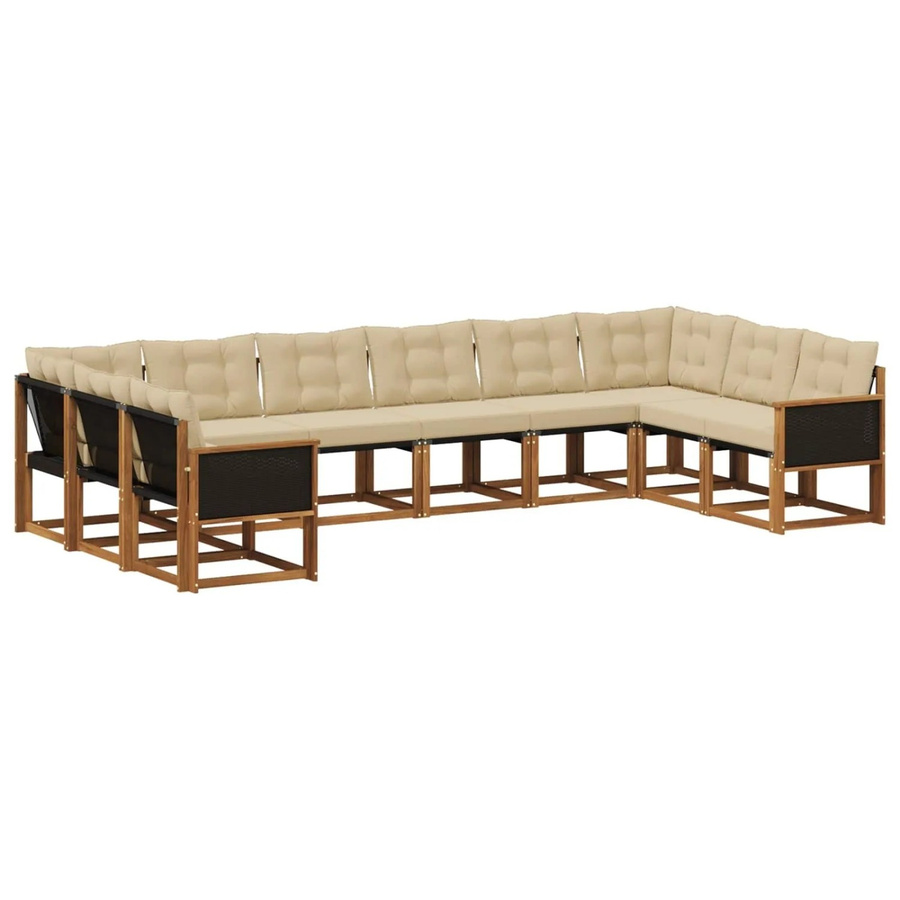 vidaXL Outdoor-Sofagarnitur in L-Form aus Akazien-Massivholz mit 10 Kissen in Natur und Beige - Bild 2