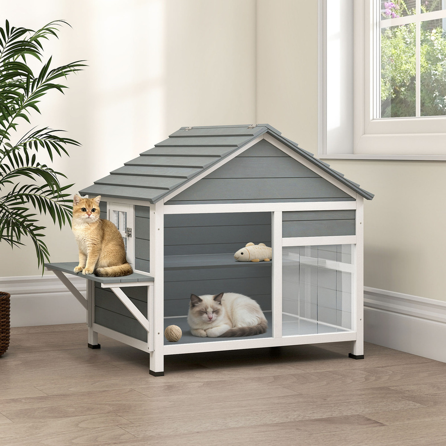 PawHut Wetterfestes Katzenhaus aus Holz in Grau mit aufklappbarem Dach und zwei Etagen, B/T/H: 101 x 72,5 x 81 cm - Bild 2
