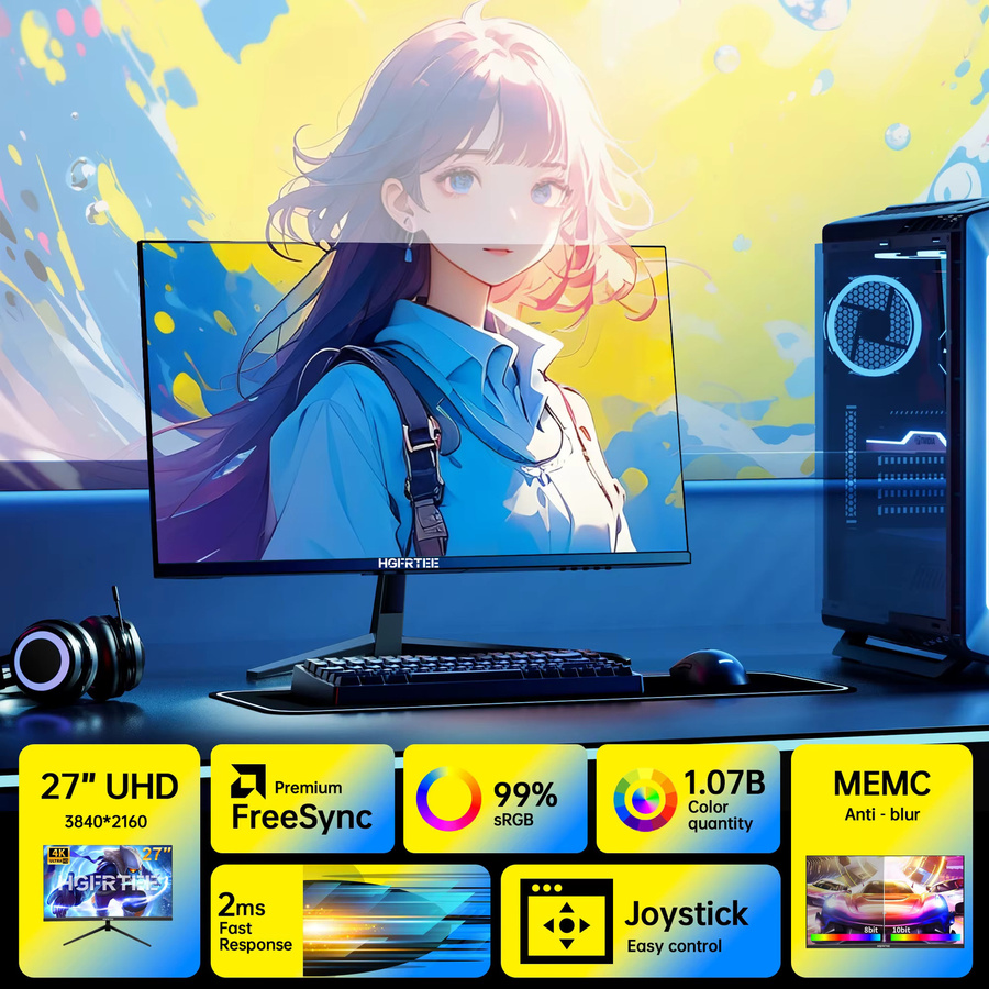 HGFRTEE 27-Zoll 4K UHD Monitor, 3840 x 2160 IPS Computerbildschirm, 60 Hz, 99 % sRGB, 10 Bit Farbgenauigkeit, Schwarz - Bild 2