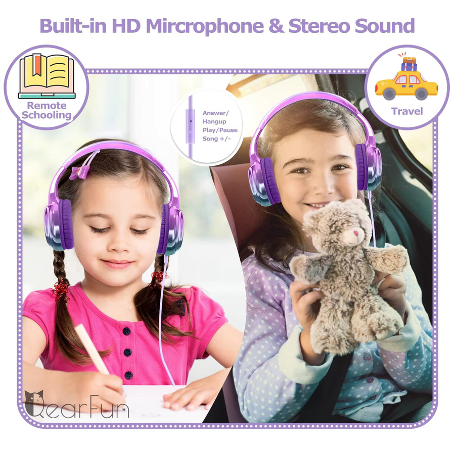 QearFun Gradient Cool Kids Kopfhörer für Mädchen in Purple, kabelgebundene Stereo-Kinderkopfhörer mit Mikrofon und verstellbarem Design - Bild 2