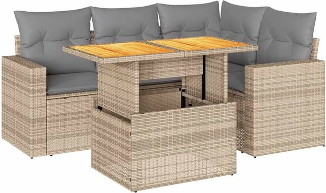 vidaXL 5-teilige Garten-Sofagarnitur in L-Form aus PE-Rattan und Akazienholz mit Kissen in Beige-Grau - Bild 1