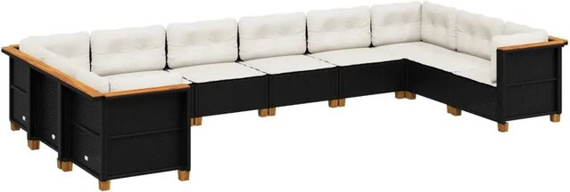vidaXL 10-tlg. Garten-Sofagarnitur in L-Form aus Poly-Rattan und Akazienholz mit Kissen, Schwarz und Cremeweiß - Bild 1