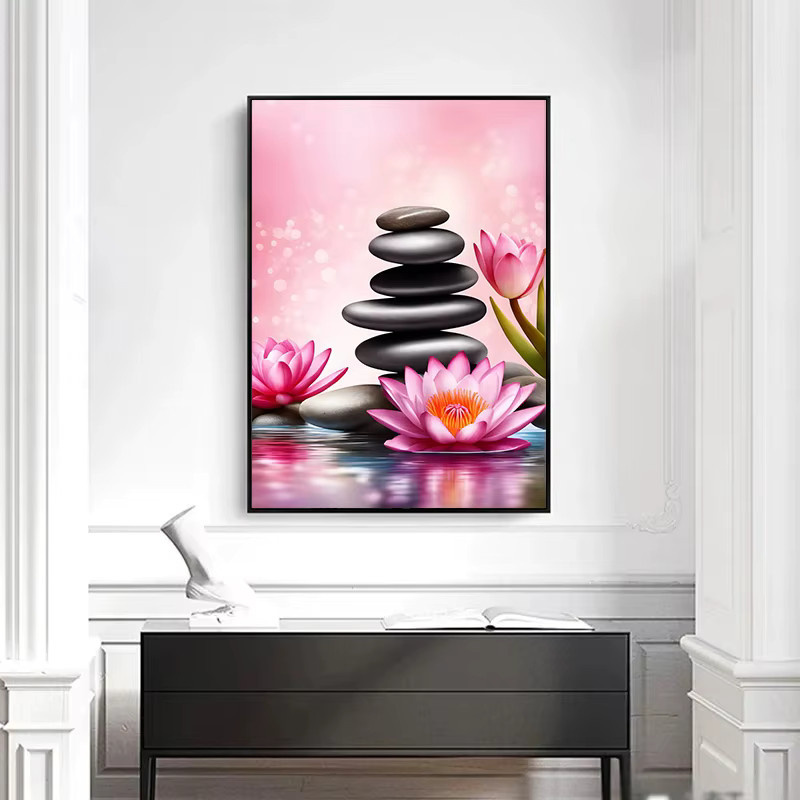 Potdemiel Wandkunst Leinwandgemälde Pink Lily Tranquility Spa Zen Stone in Pink mit floralem Design und Naturmotiv - Bild 2