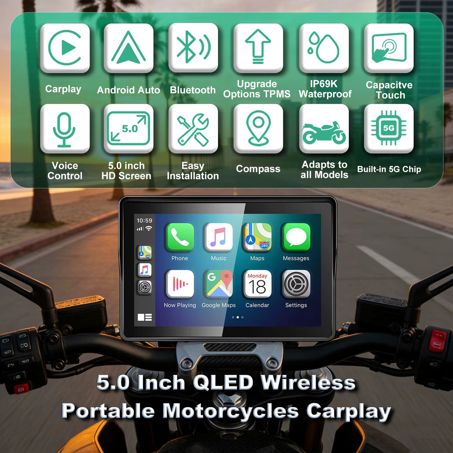 LBW 5-Zoll Motorrad-Navigations-Smart-Display mit CarPlay und Android-Unterstützung, inklusive TPMS und USB-Stromkabel, Schwarz - Bild 2