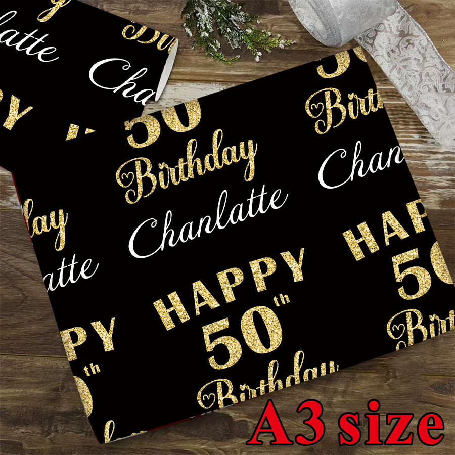 3 Blatt personalisiertes Bastelpapier für Geburtstagsgeschenke in Schwarz mit individuellem Happy Birthday, Name und Alter für deine Party-DIY-Verpackung - Bild 6