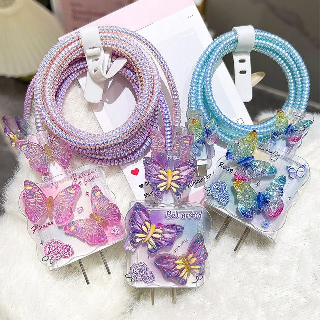 TAOYUNXI Schutzhülle für iPhone 18W/20W Ladekabel mit Pink Butterfly Design, kratzfester Kabelschutz und Kabelwickler in Pink - Bild 1