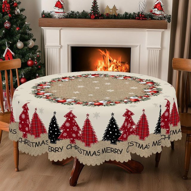 JINGYUE Pet Weihnachts-Tischdecke im Vintage-Bauernhaus-Stil mit Weihnachtsmann, Rentier und Weihnachtsbaum, weiß, Durchmesser: 180 cm - Bild 1