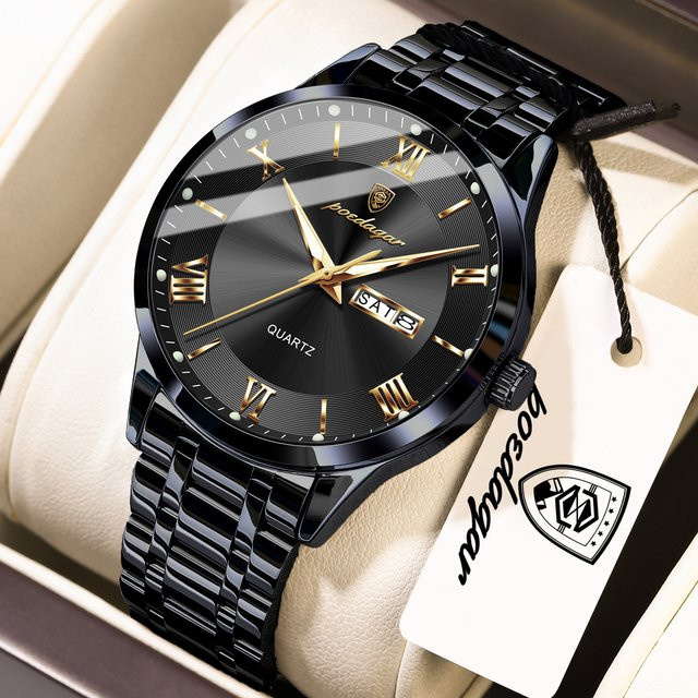 POEDAGAR Armbanduhr Edelstahl, Quarz, Wochentag, Datum, Herren, Schwarz - Bild 1