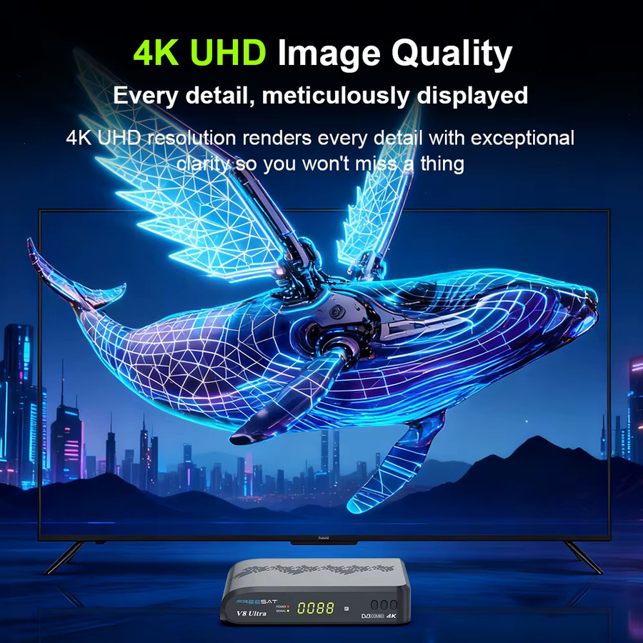 FREESAT V8 Ultra Satelliten-TV-Receiver in Schwarz mit 4K UHD, DVB-S2/S2X, DVB-T2/T+C und CA-Kartensteckplatz - Bild 2
