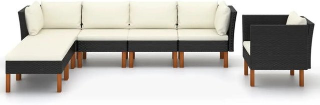 vidaXL 7-tlg Garten-Lounge-Set in U-Form aus PE-Rattan und Eukalyptusholz mit Polstern, Schwarz - Bild 1