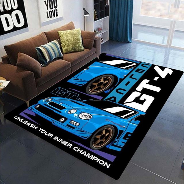 HGHT Retro J-JDM Auto-Themen Teppich Blau, Rutschfeste Bodenmatte für Wohnzimmer und Schlafzimmer, B/T: 120 x 80 cm - Bild 1