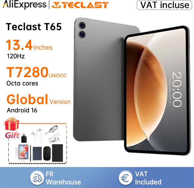 Teclast T65 Android 16 Tablet mit 13,4 Zoll Display, 26GB RAM, 128GB ROM, 4G LTE, GPS und 8000mAh Akku in Schwarz/Grau - Bild 1