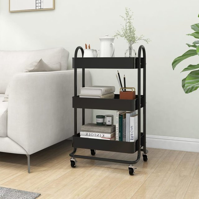 vidaXL 3-Etagen-Servierwagen aus Stahl in Schwarz, B/T/H: 43 x 34 x 79 cm - Bild 3