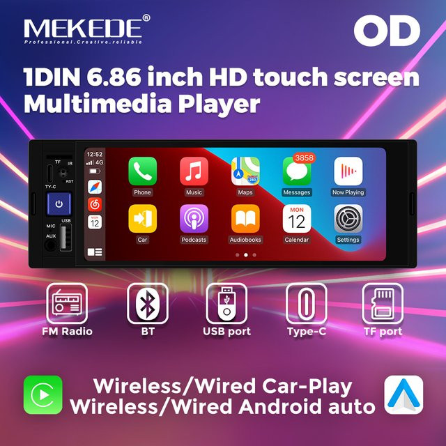 MEKEDE 1DIN Wireless CarPlay Multimedia-Player mit 6,86 Zoll HD Touchscreen, Bluetooth, USB und TF-Anschluss in Schwarz - Bild 1