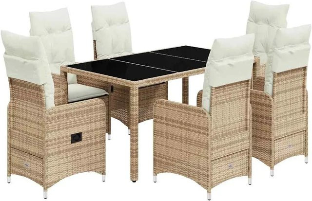 vidaXL 7-teiliges Garten-Bistro-Set aus Poly-Rattan mit Kissen in Beige - Bild 1