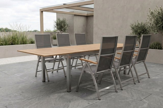 Stern Cardiff Garten-Essgruppe aus Edelstahl und Teakholz in Silber/Silbergrau mit ausziehbarem Tisch und 6 Klappstühlen, Tisch B/T: 200 bis 300 x 100 cm - Bild 1