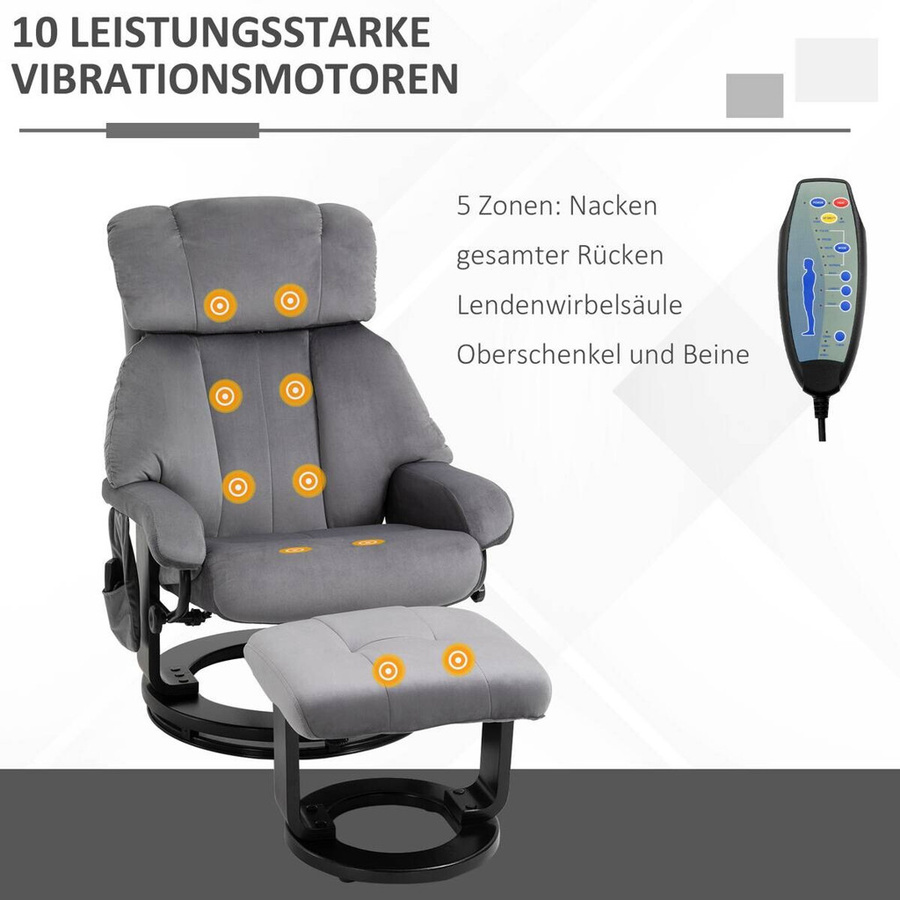HOMCOM Massagesessel mit Liegefunktion und Hocker in Grau mit Samtbezug, B/T/H: 76 x 80 x 102 cm - Bild 5