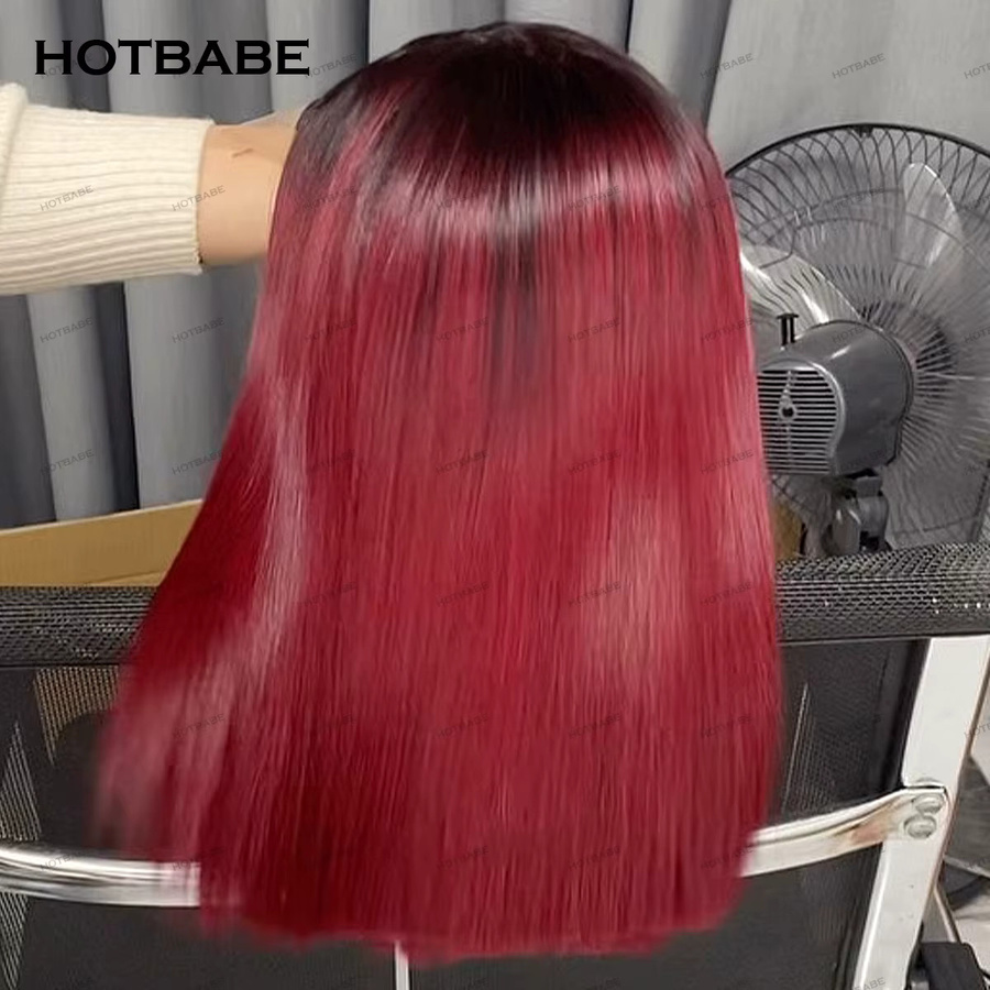 HOTBABE Echthaar Perücke Bob Gerade, Burgund, HD Transparent Spitze - Bild 2