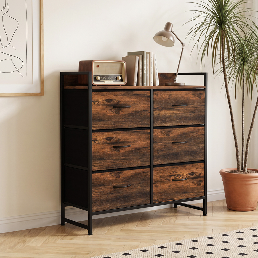 HOMCOM Kommode mit 6 Schubladen aus Stoff in Holzoptik, Industrie-Design Sideboard mit Stahlgestell, Farbe: Rustikalbraun - Bild 2
