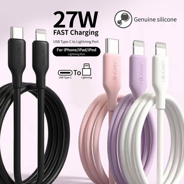 LAIHONEN USB-C auf Lightning PD-Schnellladekabel 27 W Silikon-Datenkabel in Macaron Pink für iPhone 14 13 12 11 Pro Max - Bild 1