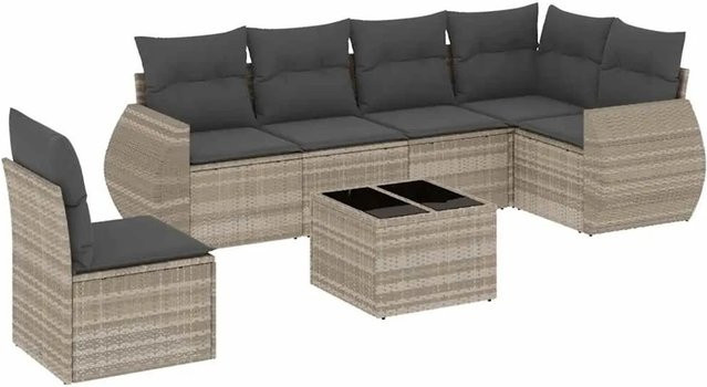 vidaXL 7-teilige Garten-Sofagarnitur in L-Form aus Polyrattan mit Kissen in Hellgrau - Bild 1