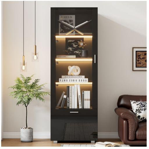 MUVOE Vitrine in Schwarz Hochglanz mit Glastüren, LED-Beleuchtung und 3 Regalböden aus Glas - Bild 1