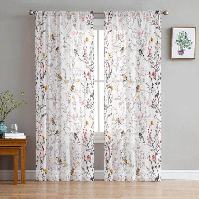 A Family Of Home Textiles Transparente Tüll-Vorhänge mit Blumen- und Vogelmuster in Retro-Optik, Breite: 135 cm, Höhe: 183 cm, 2er-Set - Bild 1