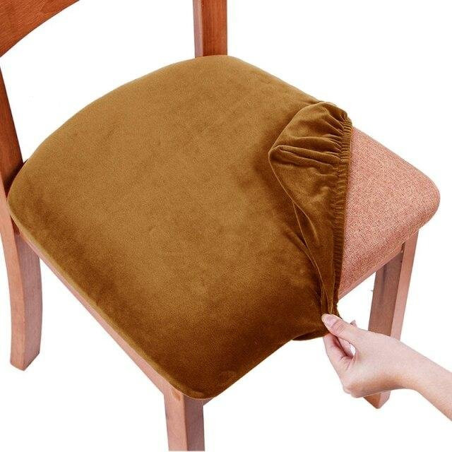 Waschbare Samt-Spandex-Sitzbezüge für Esszimmerstühle, elastische und fleckenresistente Kissenbezüge in Hellbraun - Bild 1