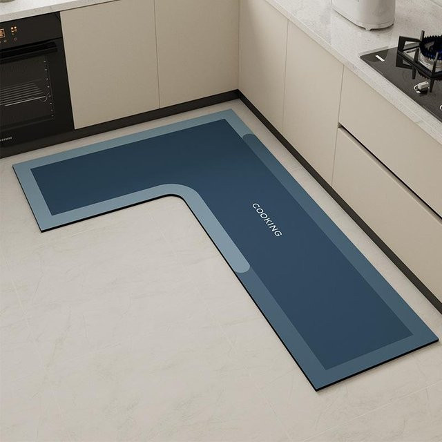 Rutschfeste L-förmige Küchenbodenmatte aus Kieselgur in Grau, feuchtigkeitsableitend und ölabsorbierend, B/T: 80 x 120 cm - Bild 1