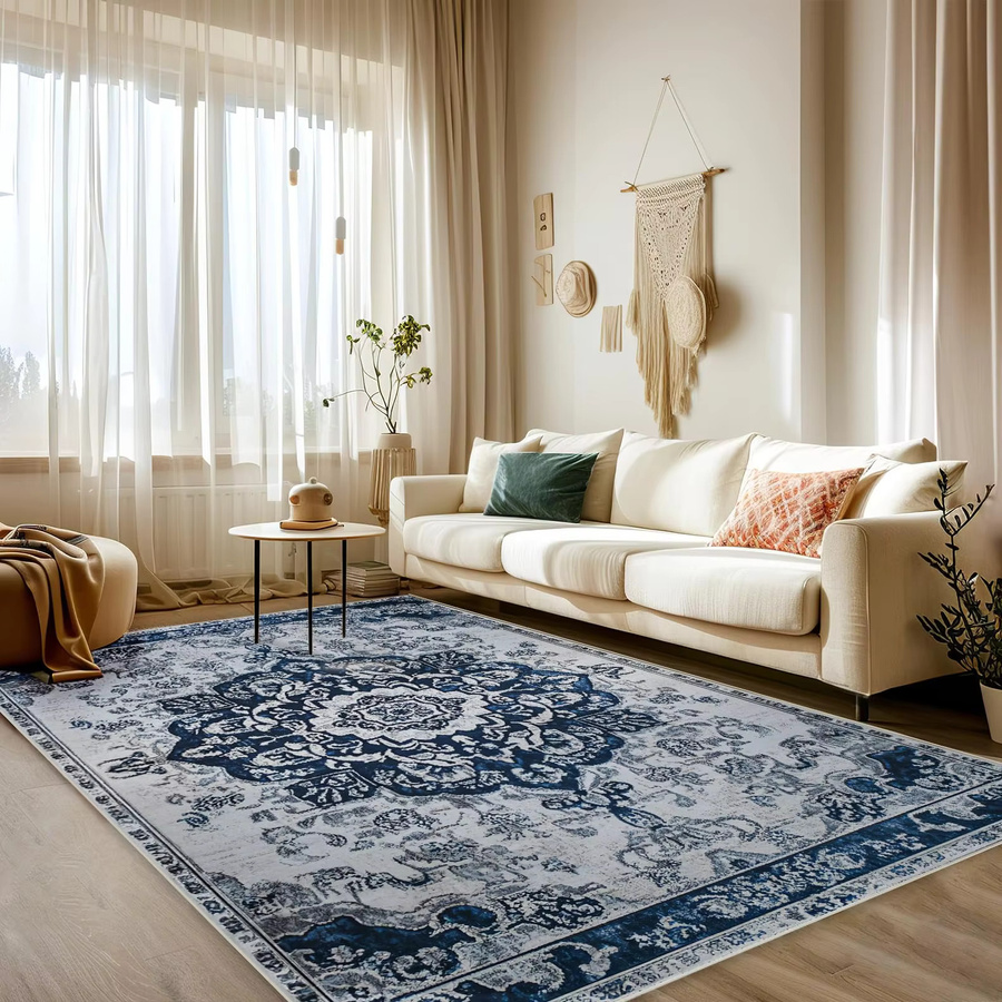 VIKAMA Teppich im Vintage-Boho-Stil, blau, rechteckig und rutschfest, ideal für Wohnzimmer, Schlafzimmer, Esszimmer oder Büro - Bild 3