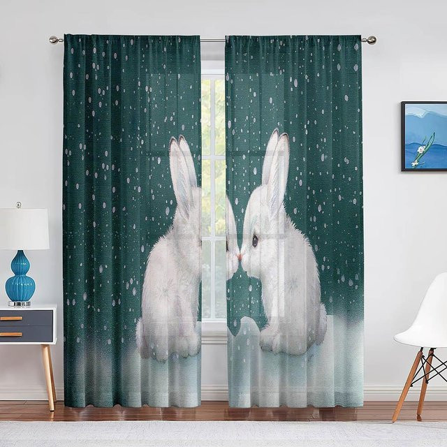 Transparenter Tüll-Vorhang mit Cartoon-Hasen-Motiv für Kinderzimmer von Super Six, Farbe Grün, Breite: 100 cm, Höhe: 250 cm - Bild 1