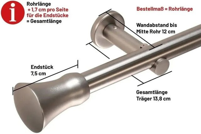 Deco-Raum Gardinenstange nach Maß 1-Lauf Kegel Ø 25mm Edelstahl-Optik Silber, Länge: 440 cm - Bild 1