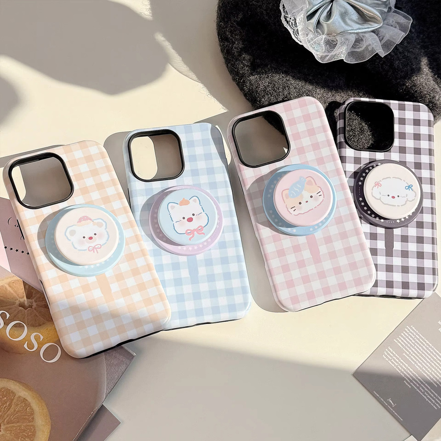 MUQGEW Magnetische Handyhülle mit koreanischem Gittermuster und Cartoon-Tier-Design für iPhone 11 bis iPhone 17 Pro Max, stoßfeste Schutzhülle, Multicolour - Bild 1