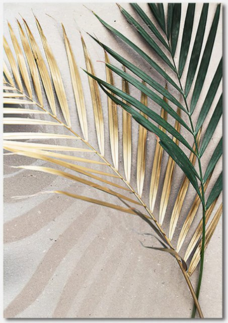 TPFLiving Luxus Poster Leinwand Goldene Blätter Modell C, abstraktes botanisches Design in Beige, Grau, Grün und Gold, B: 60 cm, H: 80 cm, ohne Rahmen - Bild 1