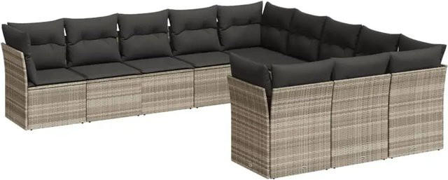 vidaXL 11-tlg. Garten-Sofagarnitur in L-Form aus Poly-Rattan und Metall, Hellgrau mit Kissen und abnehmbaren Bezügen - Bild 1