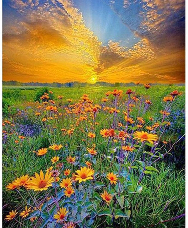 FIYO 5D DIY Diamantgemälde Sonnenuntergangsszene mit Blumen, rund, mehrfarbig, Durchmesser: 20 cm - Bild 1