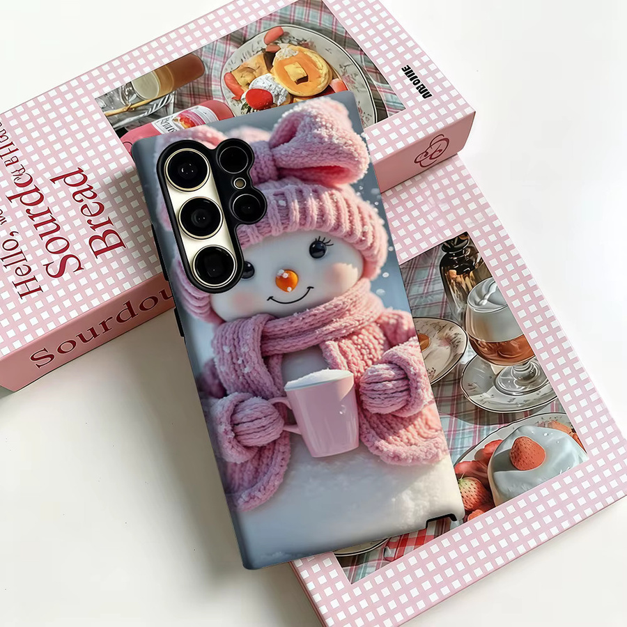 Stoßfeste Doppelschicht Handyhülle mit Pastellfarbenem Strick-Schneemann Design für Samsung Galaxy S25 Ultra, S24 und S23 Ultra Plus in Pink - Bild 3